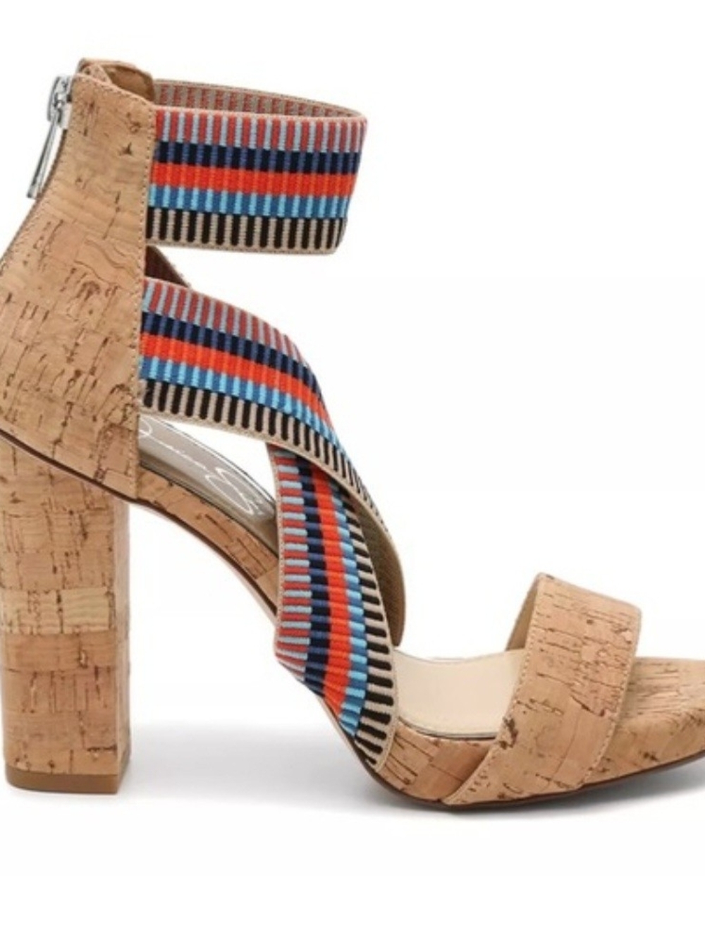 Natural Cork Block Heel Sandal with Multicolor Striped Elastic Straps